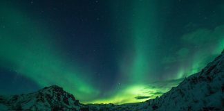 snow mountain with Aurora borealis