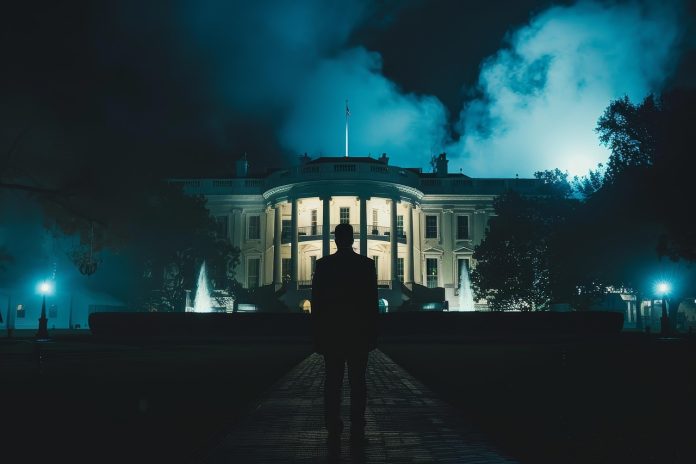 united states, politics, silhouette, dark, one person, building exterior, city life, dusk, businessman, cityscape, famous place, walking, built structure, skyscraper, footpath, lifestyles, illuminated, election, donald trump, podcast, netanyahu, interview, ai generated, president, political
