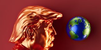 A golden trump looks at planet earth.