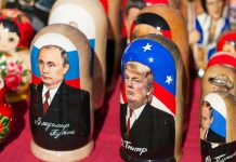 Donald Trump nesting dolls on red textile