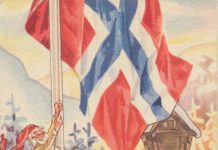 Nordic Santa Claus, Nisses with their red hats and Norwegian flag.