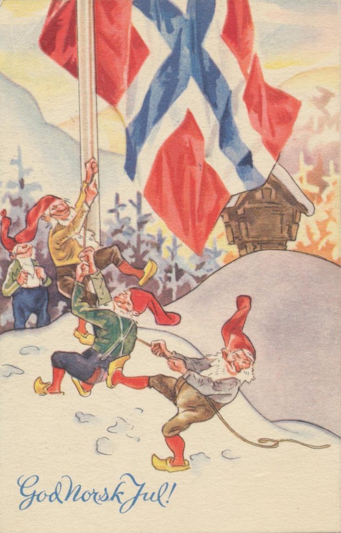 Nordic Santa Claus, Nisses with their red hats and Norwegian flag.